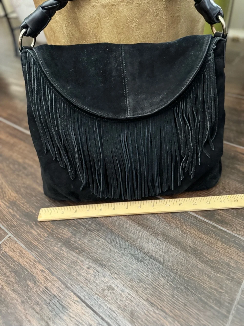 CZ Falconer black suede fringe black shoulder bag good condition